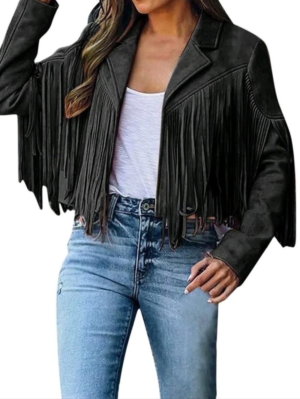 Source Unknown Grey Fringed Cropped Leather Jacket